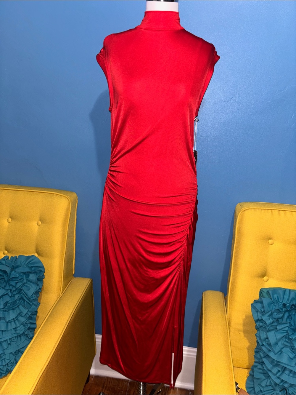 Red Sleeveless Ruched Maxi Dress